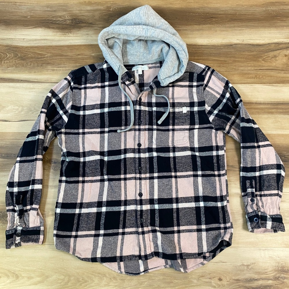 Standard Cloth Hooded Flannel Mens L Pink Black Plaid Cotton Streetwear Shirt